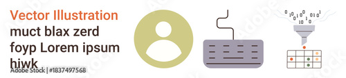 Technology, data processing, artificial intelligence, user identification, digital inputs, automation. A person icon, keyboard and AI funnel with binary symbols. AI processing and user