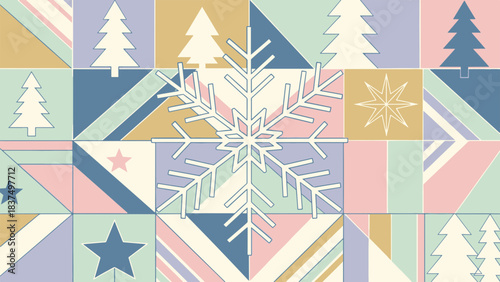 Pastel Winter Holiday Pattern Background with Geometric Snowflake and Evergreen Trees Geometric