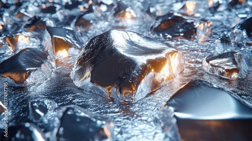 A close-up shot of a metallic surface showcasing a complex crystalline pattern. Subtle color variations create a sense of depth and texture, highlighting its reflective qualities.