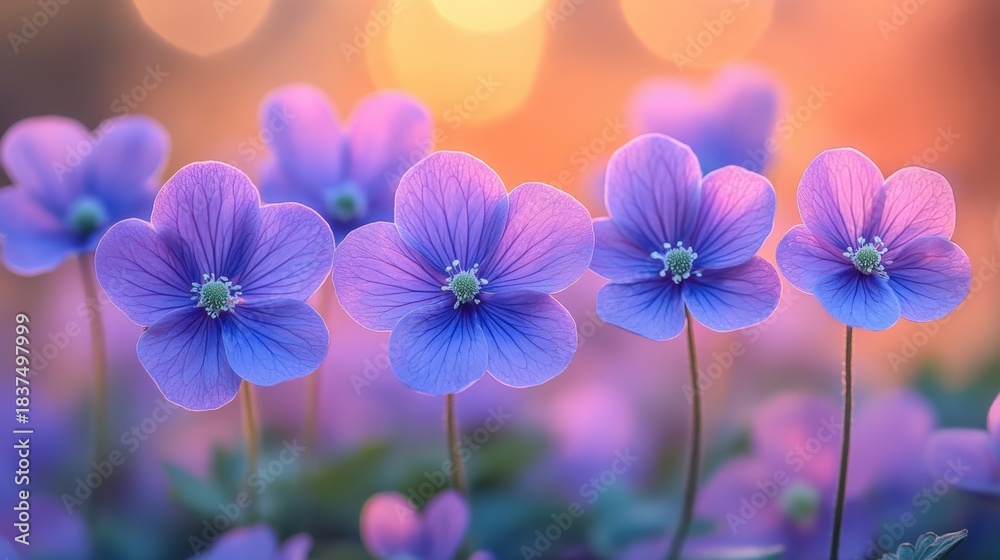 Fototapeta premium A vibrant cluster of purple flowers boasting striking green centers, set against a warm orange-pink backdrop. Perfect for designs requiring color and beauty.