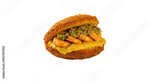 Brazilian Acarajé street food isolated on transparent background, cut out studio shot with shrimp, vatapá, and caruru filling, professional food photography.