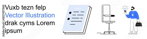 Office tools, creativity, business ideas, innovation, workflow, workplace setup. A document, an office chair and a person holding a light bulb. Creativity and business ideas concept