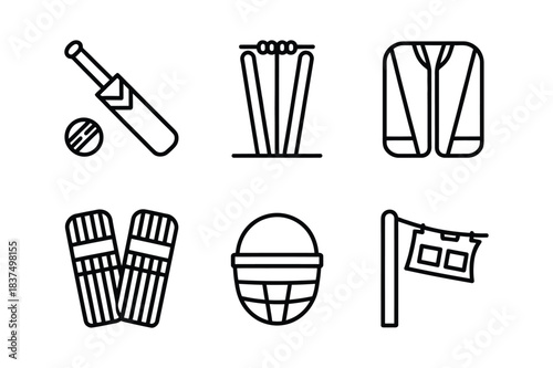 Cricket sports equipment icons set bat, ball, wickets, pads, helmet, and flag isolated on white background
