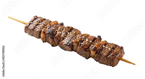 Grilled beef steak skewer isolated on transparent background, seasoned with savory spices, studio shot, delicious food PNG.