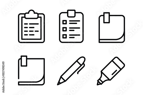 Set of outline icons for clipboard, checklist, sticky notes, pen, and marker isolated on white