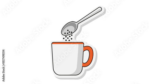 A Spoonful of Granules Being Added to a White and Orange Mug With a Gray Handle Against a Black Background With a Subtle Shadow Effect Creating a Clean and Minimalist Visual