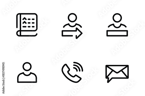 Set of six black line icons for contact, communication, and user management isolated on white background