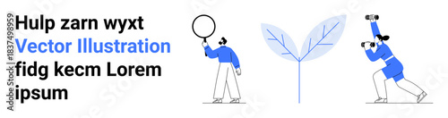 Minimalist characters inspecting a plant with a magnifying glass and binoculars, highlighting curiosity and growth. Ideal for exploration, nature, teamwork, innovation, discovery, research, simple