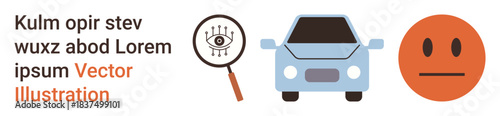 Transportation safety, monitoring tools, facial recognition, risk analysis, security systems, anonymous identity. Magnifying glass on eye, car neutral face symbol. Transportation safety monitoring