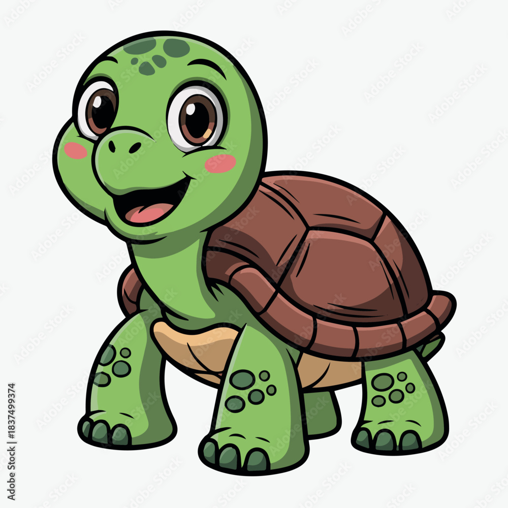 Fototapeta premium Vector illustration of a cartoon turtle with a green head brown shell and a smiling expression standing