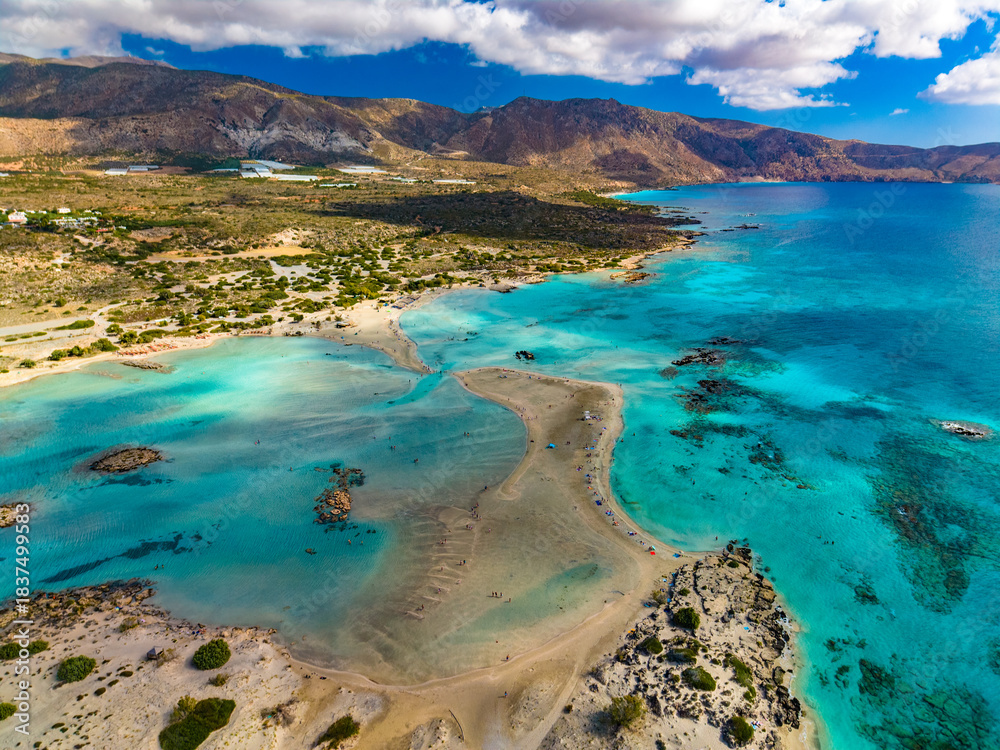 Fototapeta premium Aerial view of Elafonissi beach, Crete, Greece