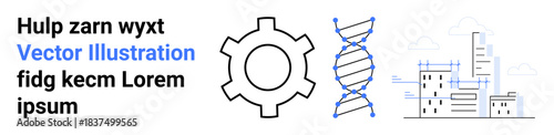 Gear, double helix, and stylized cityscape evoke technology, biotechnology, and engineering progress. Ideal for innovation, science, urbanization, business industry research simple landing page