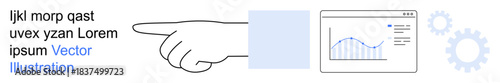 Business analysis, team collaboration, data visualization, digital tools, workflow management, efficiency. Hand pointing to a dashboard with a graph and gear icons. Business analysis and data