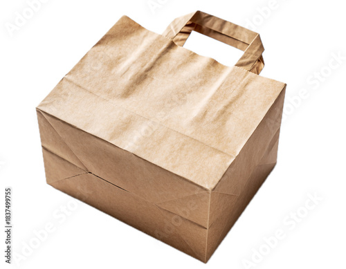 Folded paper bag with handle isolated on white background 