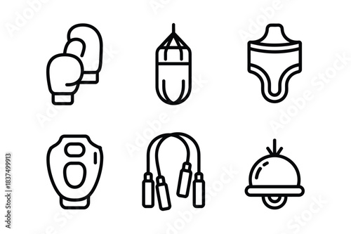 Boxing and fitness equipment icons set isolated on white background
