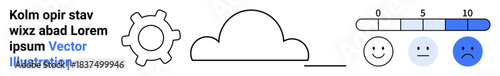 Feedback systems, user analysis, satisfaction levels, cloud services, performance evaluations, data optimization. Gear, cloud happy faces and a numerical mood scale. Feedback systems and user