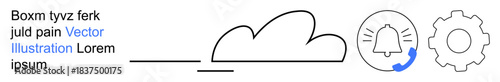 Cloud computing, data synchronization, system updates, user notifications, alert management, digital tools. Features outlined cloud, notification bell and gear icon. Cloud computing and data