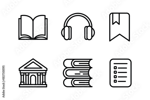 Set of six education and learning icons open book, headphones, bookmark, library, stacked books, and list isolated on white