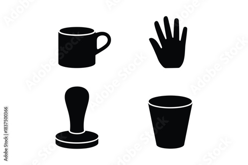 Set of four black coffee and barista icons mug, hand, tamper, and cup isolated on white