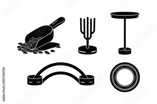 Set of black and white icons representing coffee scoop, candle holder, small table, banner, and ring