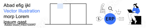 Business management, enterprise solutions, workflow optimization, data analytics, digital process, and corporate planning. ERP icon with graphs and businesswoman. Business management and enterprise