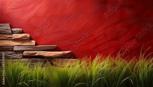 diverse textures with smooth wall rustic wood vibrant red soft grass and classic stone for interior design inspiration