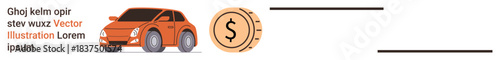 Financial planning, auto loans, car expenses, budgeting, transportation, cost analysis. A car next to a dollar coin. Auto loans and financial planning concept