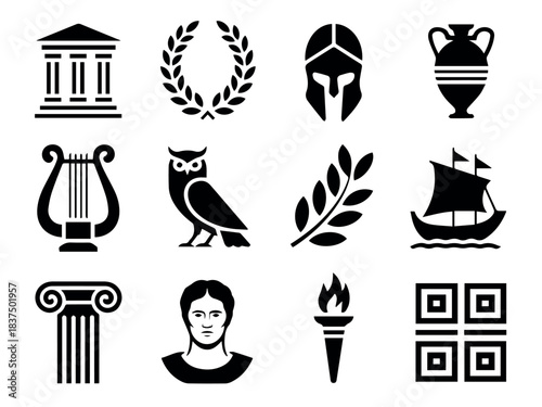 Vector collection of twelve ancient greek symbols including building owl and spartan helmet art
