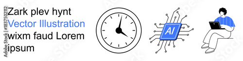 Technology, innovation, remote work, time management, artificial intelligence, productivity. Clock, AI chip and person working on a laptop. Technology and innovation concepts