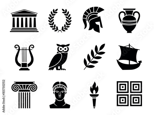 Vector collection of twelve ancient greek themed icons including temple owl helmet and more symbols