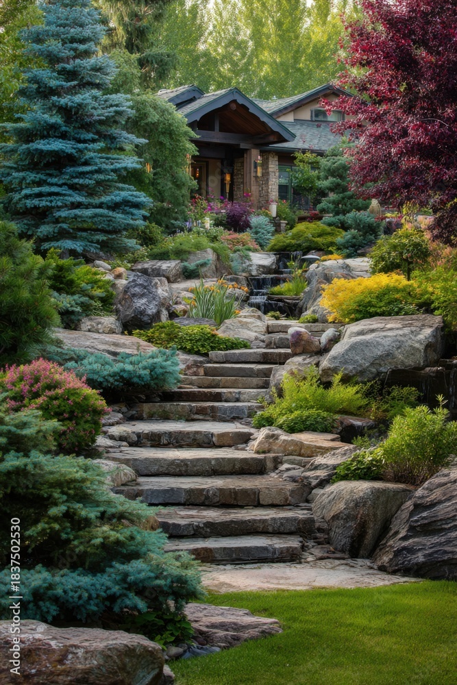 Obraz premium As the sun sets, stone steps wind their way through a beautifully landscaped garden, adorned with a variety of plants and trees, alongside a serene water feature near the house