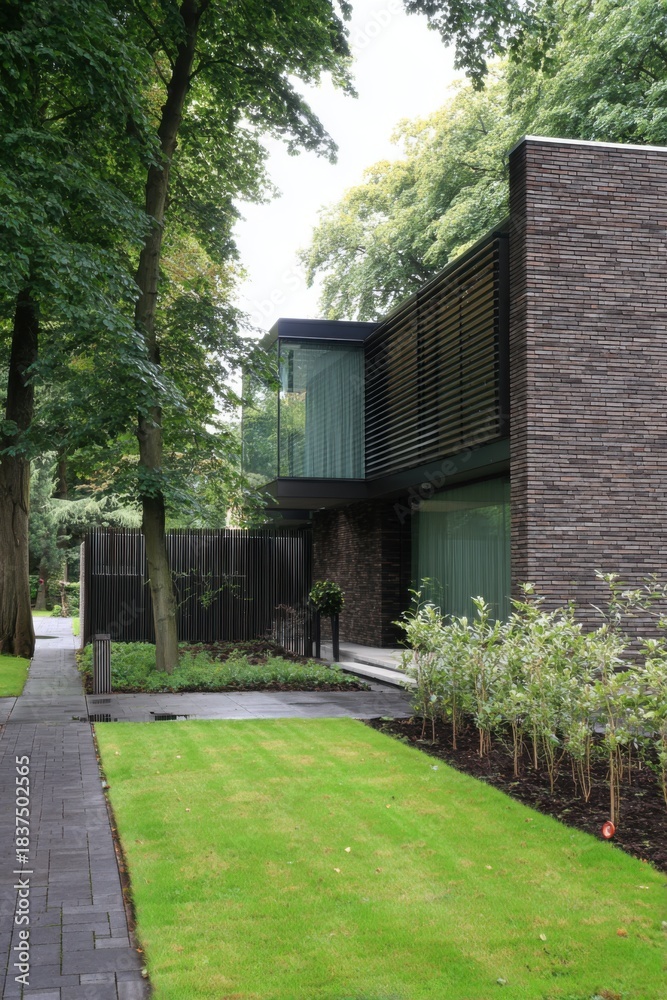 Naklejka premium A contemporary structure featuring expansive windows and lush greenery, nestled in a residential neighborhood and bordered by trees, basking in the glow of daylight
