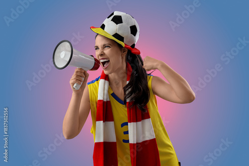 Female soccer fan shouting ...