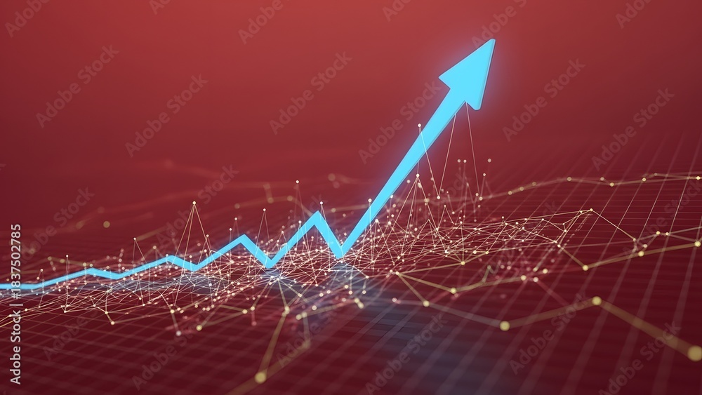 Fototapeta premium Financial Growth: A striking upward arrow, symbolizing prosperity and success, ascends boldly amidst a dynamic network of interconnected lines, set against a vibrant, saturated backdrop.