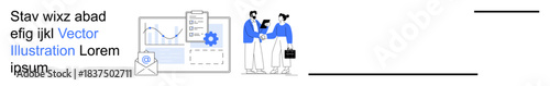 Business planning, partnership, teamwork, data analysis, corporate communication, office workflow. Two professionals discussing near graphs and charts. Teamwork and business planning concepts