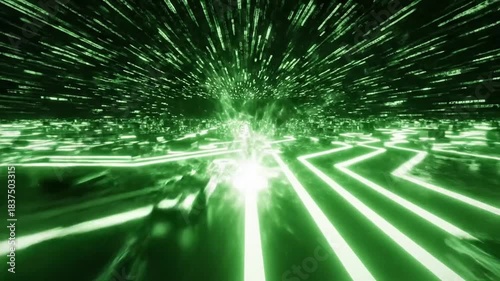 Immersive digital network animation with glowing green circuits and binary code rain, perfect for tech innovation and future concepts