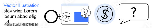 Data analysis, online verification, financial inquiries, research, transparency, problem-solving. A magnifying glass, ID card dollar symbol and question mark in a speech bubble. Online verification