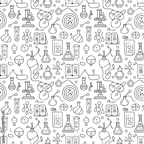 Vector seamless pattern with hand drawn science elements including beakers microscopes and books art