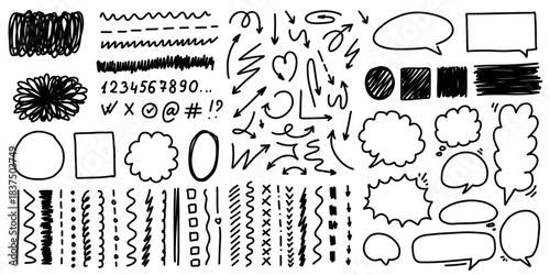 Collection of hand drawn black doodle elements including sketch arrows, speech bubbles, scribbles, numbers, lines, shapes, and symbols on white background