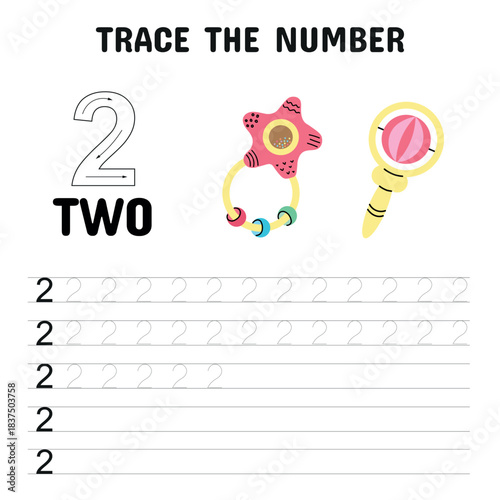 Number 2 Tracing Worksheet with Baby Rattles