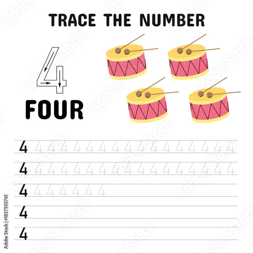 Number 4 tracing worksheet for preschoolers with handwriting practice lines and four colorful drum illustrations