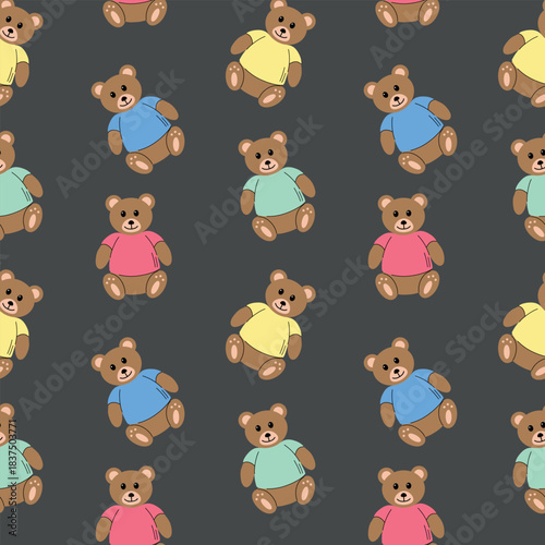 Seamless pattern of cute cartoon teddy bears wearing colorful shirts on a dark background ideal for kids and baby designs