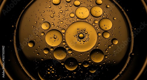 Golden oil droplets of various sizes suspended in a dark liquid, creating an abstract and mesmerizing pattern.