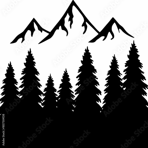 Black silhouette of pine trees and mountains on white background, nature landscape graphic design