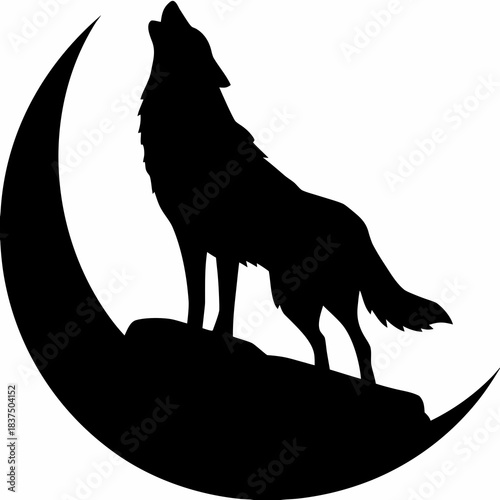 Silhouette of a wolf howling at the crescent moon in the night sky outdoors alone