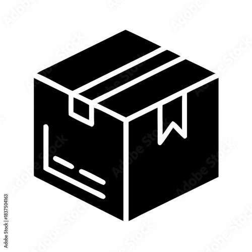 Black and white illustration of a sealed cardboard box with packing tape
