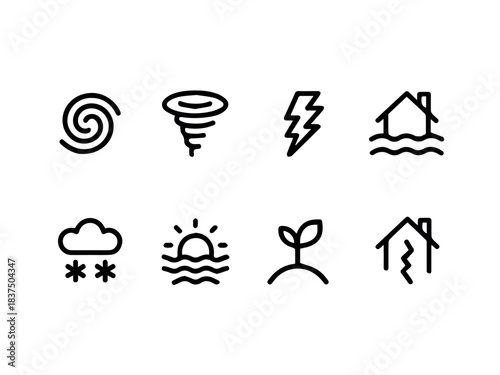 Vector line art icons depicting various weather conditions and natural disasters in a clean style