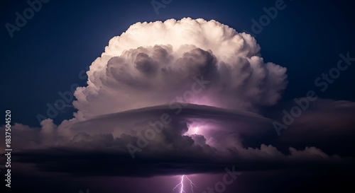 A powerful cumulonimbus storm cloud with an anvil top illuminated by internal lightning strikes against a dark night sky.