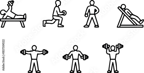 Vector seven black and white line drawings of stick figures exercising in different positions and poses