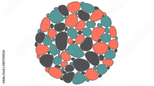 Abstract Circular Mosaic of Irregularly Shaped Pebbles in Coral Teal and Gray Tones with Dark Gray Outlines Against a Black Background